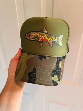 Olive Green Fish Trucker Cap with Floral Trout Graphic
